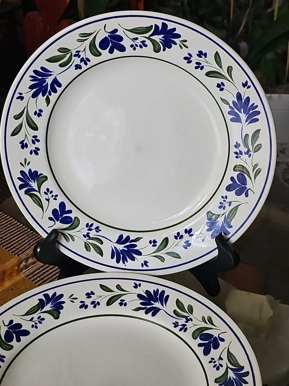 White Ceramic Dinner Plates with Blue Floral Border Made In ENGLAND